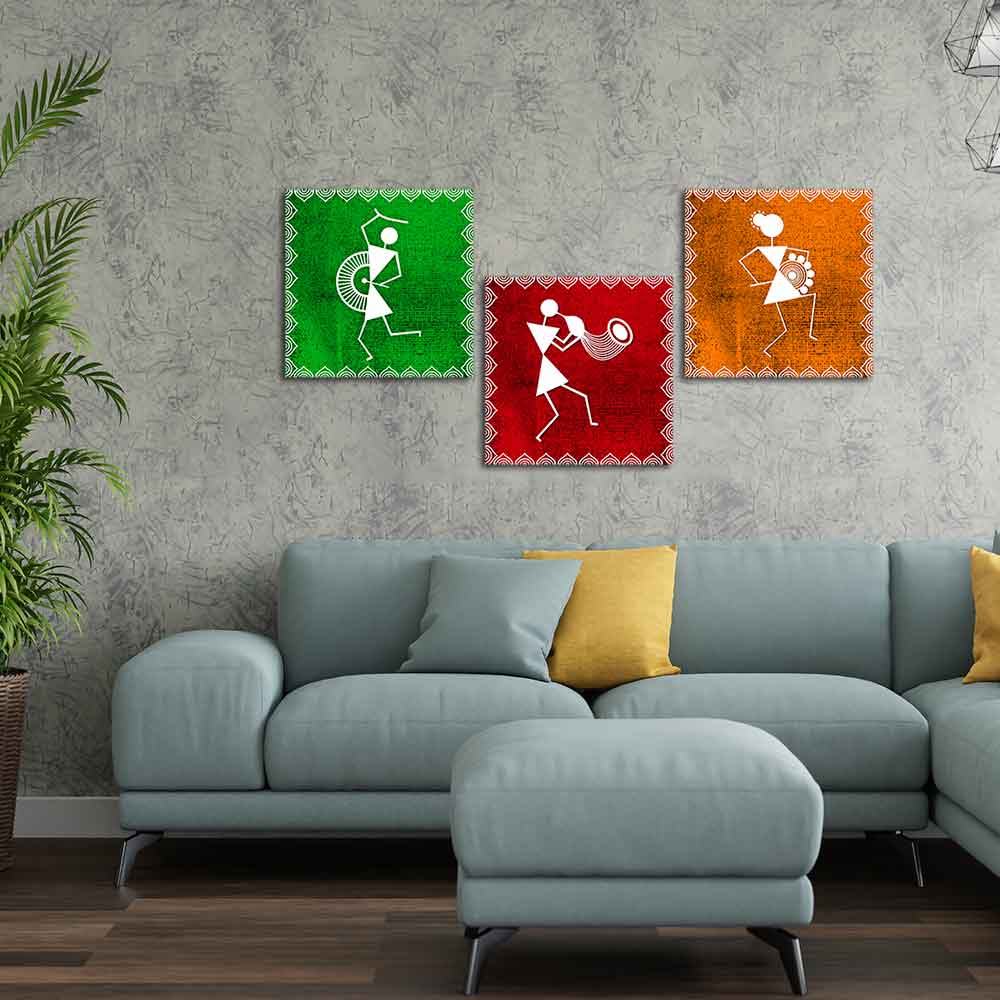 Warli Art Wall Hanging Painting, Set of Three Panels