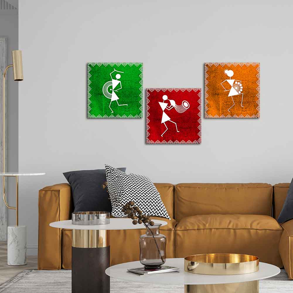 Warli Art Wall Hanging Painting, Set of Three Panels