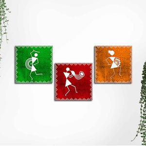 Warli Art Wall Hanging Painting, Set of Three Panels