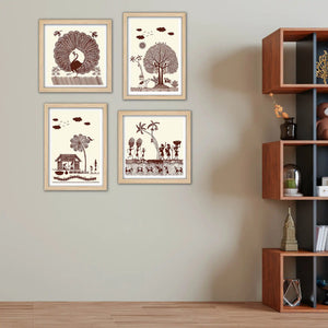 Warli Village Scene Wall Art Frame Set of 4