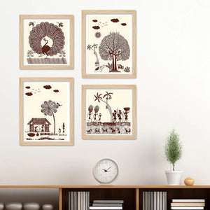 Warli Village Scene Wall Art Frame Set of 4