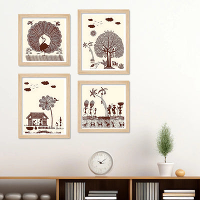 Warli Village Scene Wall Art Frame Set of 4