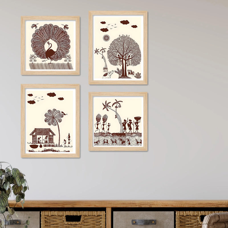Warli Village Scene Wall Art Frame Set of 4