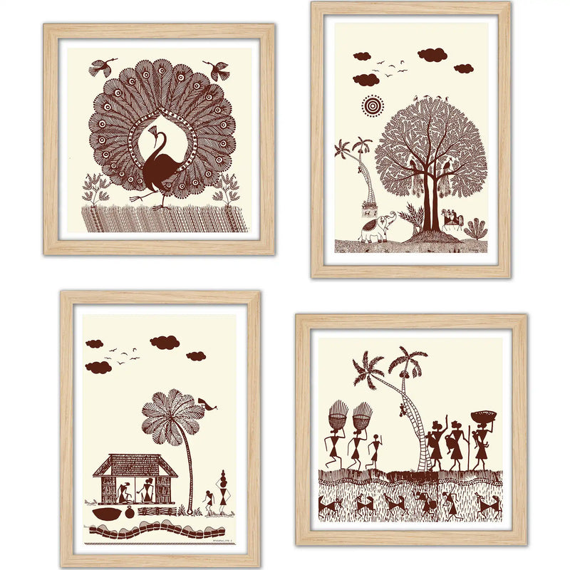 Warli Village Scene Wall Art Frame Set of 4