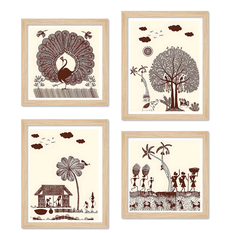 Warli Village Scene Wall Art Frame Set of 4