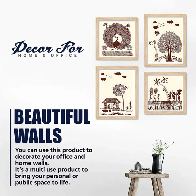 Warli Village Scene Wall Art Frame Set of 4