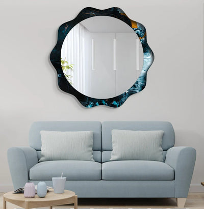 Wavy Frame Round Acrylic Wall Mirror in Blue Marble Design