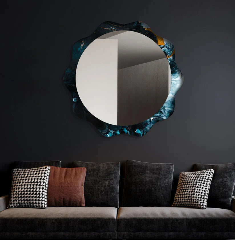 Wavy Frame Round Acrylic Wall Mirror in Blue Marble Design