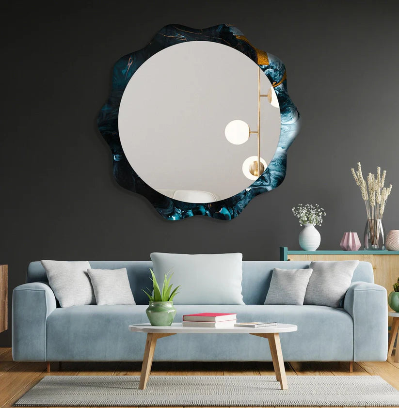 Wavy Frame Round Acrylic Wall Mirror in Blue Marble Design