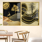 Wavy Golden Lines Mountains Premium Acrylic Floating Wall Painting Set Of 2