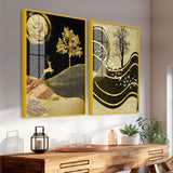 Wavy Golden Lines Mountains Premium Acrylic Floating Wall Painting Set Of 2