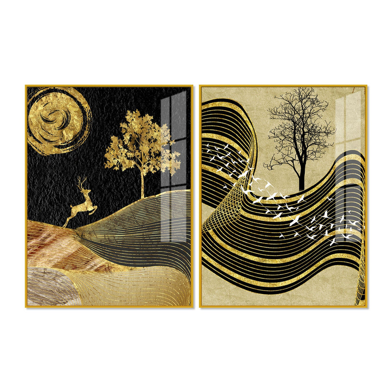 Wavy Golden Lines Mountains Premium Acrylic Floating Wall Painting Set Of 2