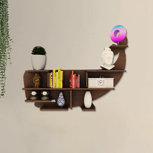 Whale Backlit Designer Wooden Wall Shelf / Book Shelf / Night Light, Walnut Finish