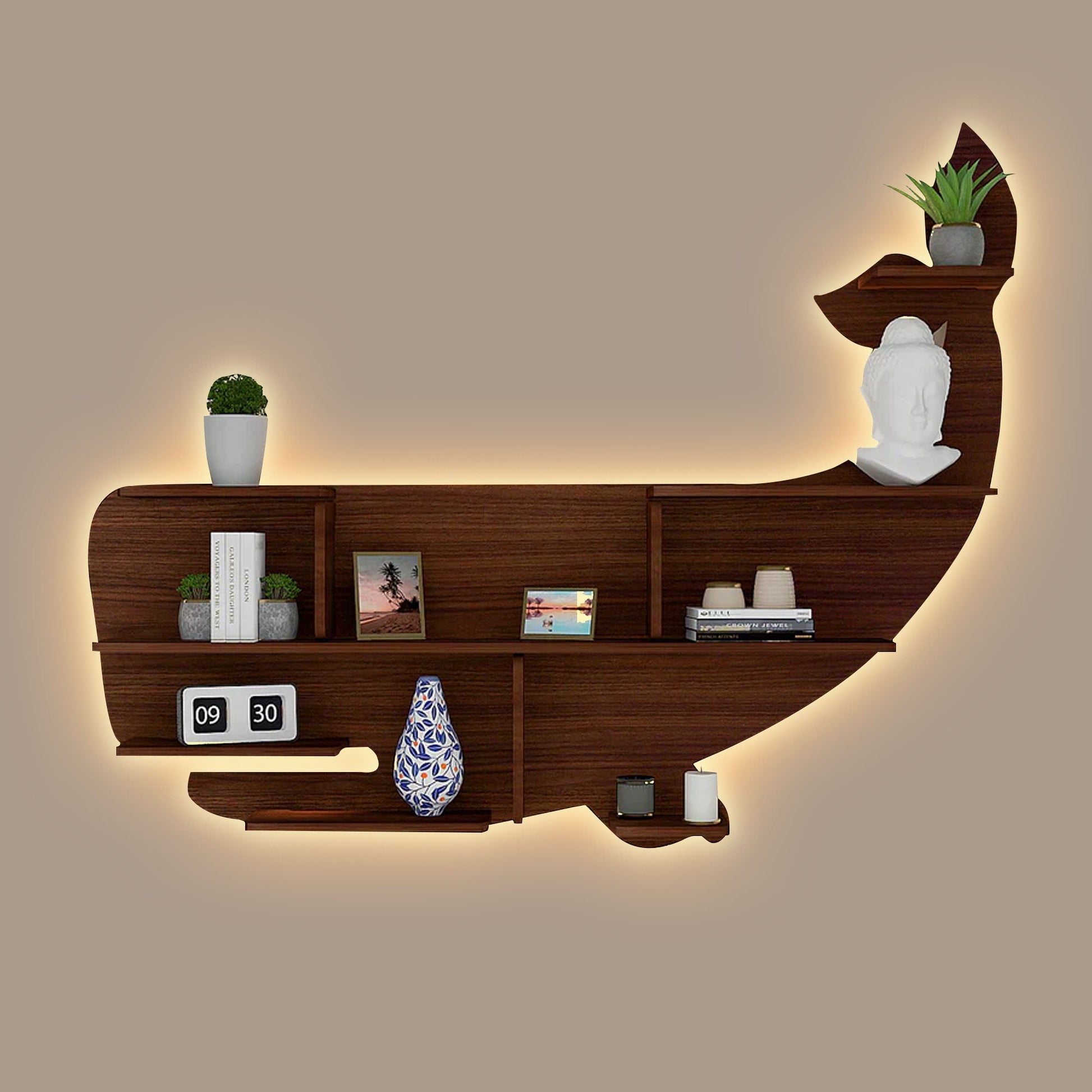 Whale Backlit Designer Wooden Wall Shelf / Book Shelf / Night Light, Walnut Finish