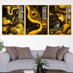 Whispers of the Divine Flute Acrylic Floating Frame Wall Painting Set of 3
