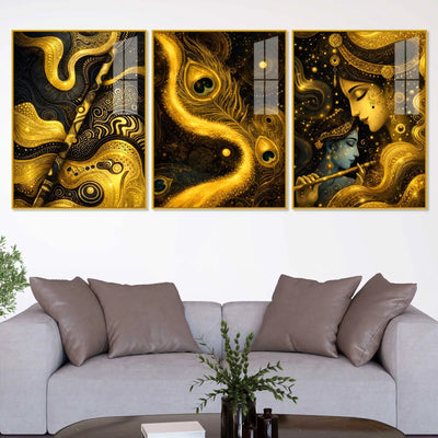 Whispers of the Divine Flute Acrylic Floating Frame Wall Painting Set of 3
