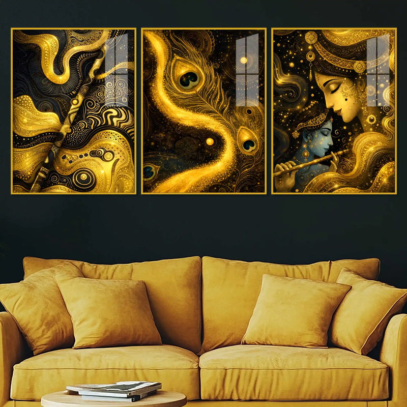 Whispers of the Divine Flute Acrylic Floating Frame Wall Painting Set of 3