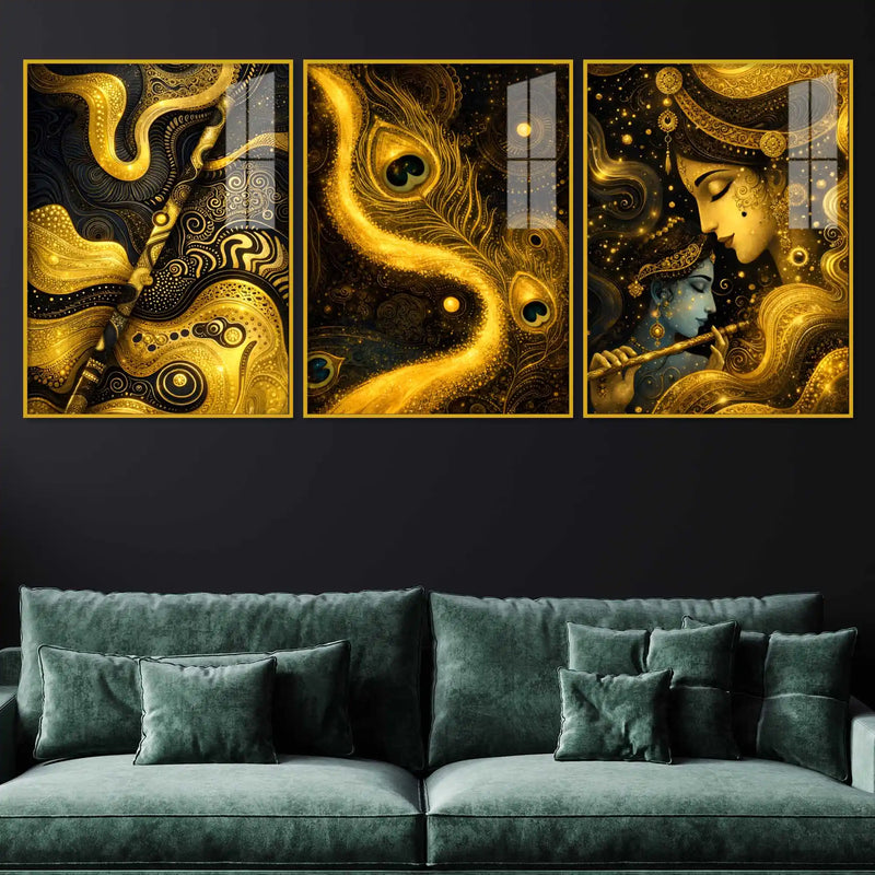 Whispers of the Divine Flute Acrylic Floating Frame Wall Painting Set of 3