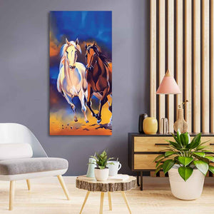 White & Brown Horse Running Canvas Wall Hanging Painting