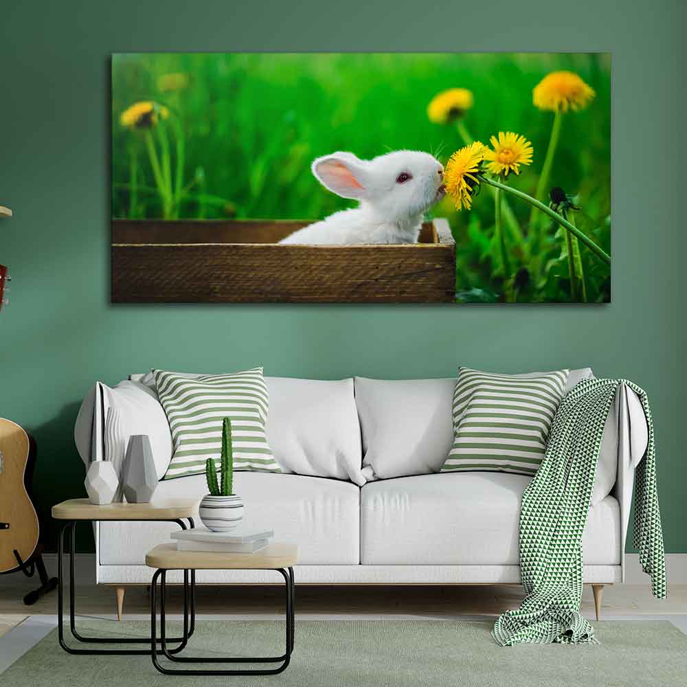 White Bunny in Yellow Flowers Garden Canvas Wall Painting