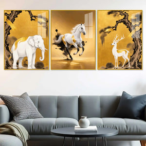 White Elephant Horse & Deer Floating Acrylic Wall Painting Set of 3