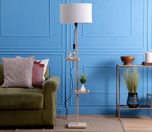 White Fabric Double Shelf Floor Lamp with Natural Solid Wood Color Base