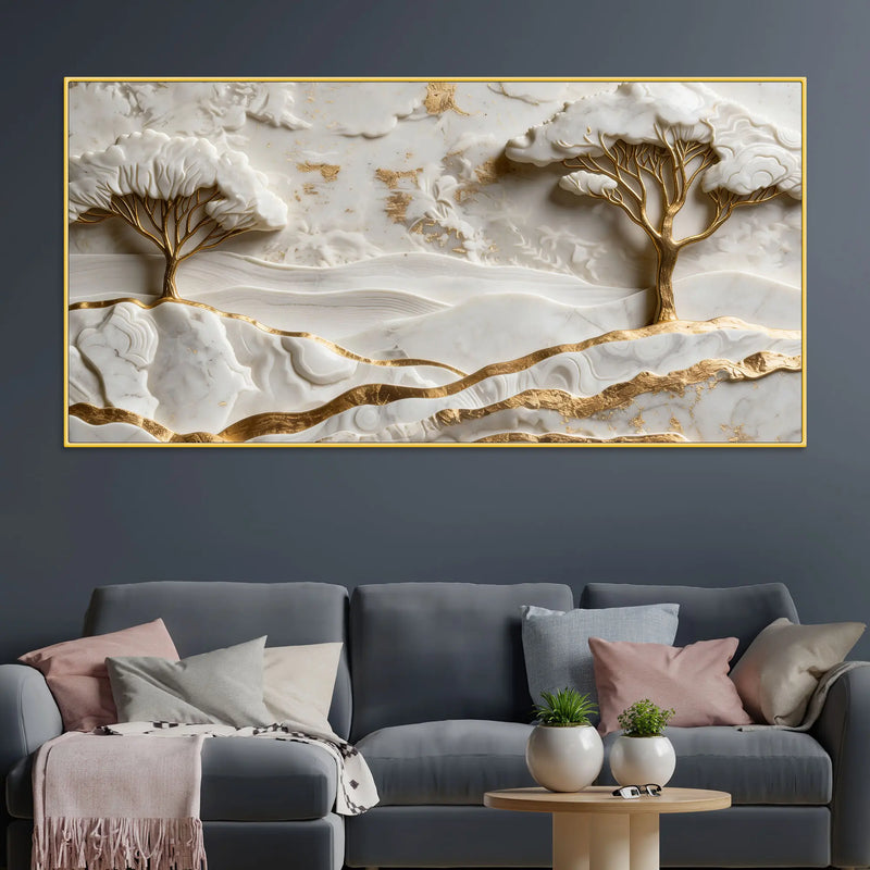 White & Golden Tranquil Landscape 3D Canvas Wall Painting