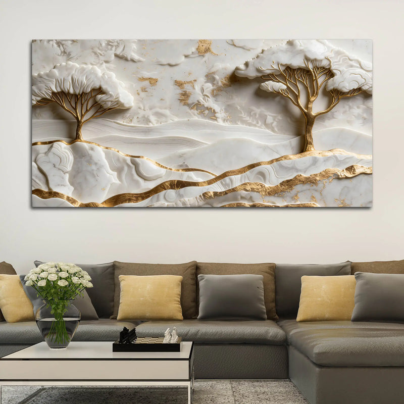 White & Golden Tranquil Landscape 3D Canvas Wall Painting