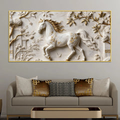 White Horse with Golden Mane in Floral Garden 3D Canvas Wall Painting
