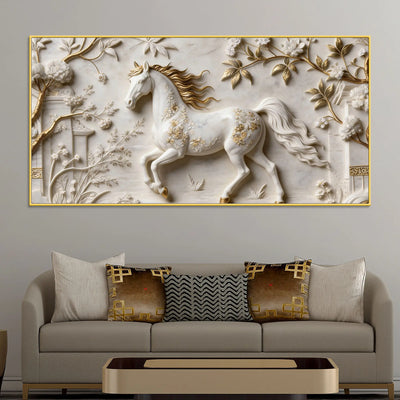 White Horse with Golden Mane in Floral Garden 3D Canvas Wall Painting