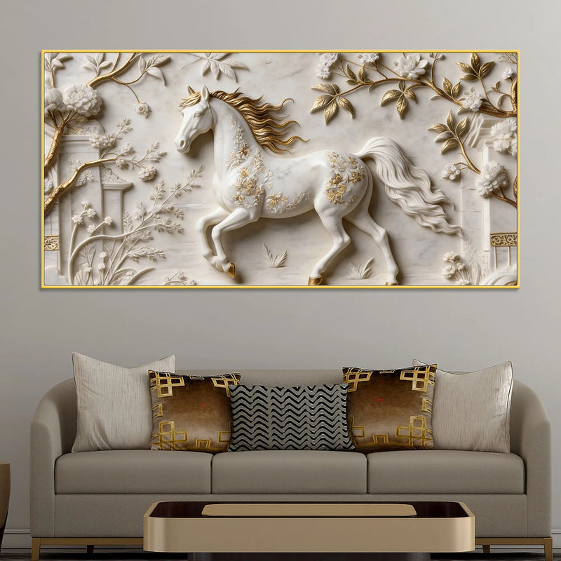 White Horse with Golden Mane in Floral Garden 3D Canvas Wall Painting