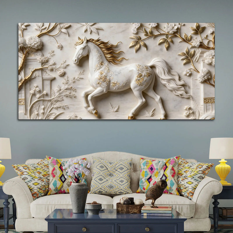 White Horse with Golden Mane in Floral Garden 3D Canvas Wall Painting