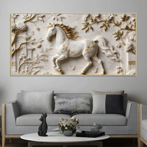 White Horse with Golden Mane in Floral Garden 3D Canvas Wall Painting