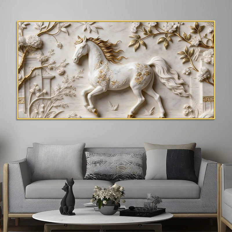 White Horse with Golden Mane in Floral Garden 3D Canvas Wall Painting