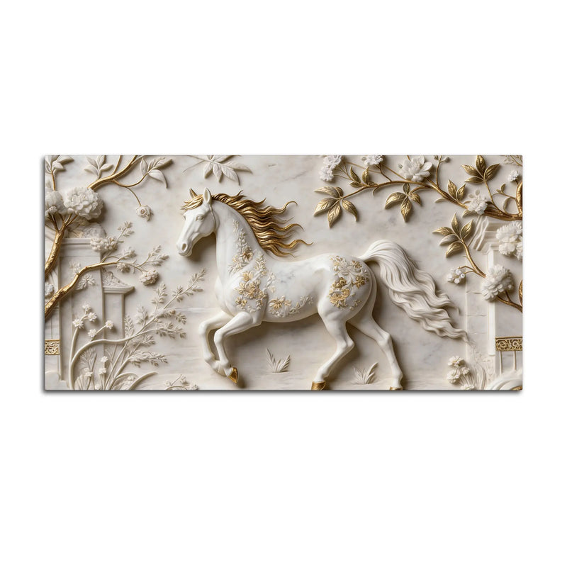 White Horse with Golden Mane in Floral Garden 3D Canvas Wall Painting
