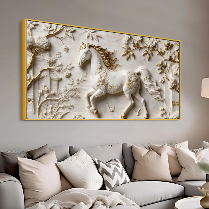 White Horse with Golden Mane in Floral Garden 3D Canvas Wall Painting