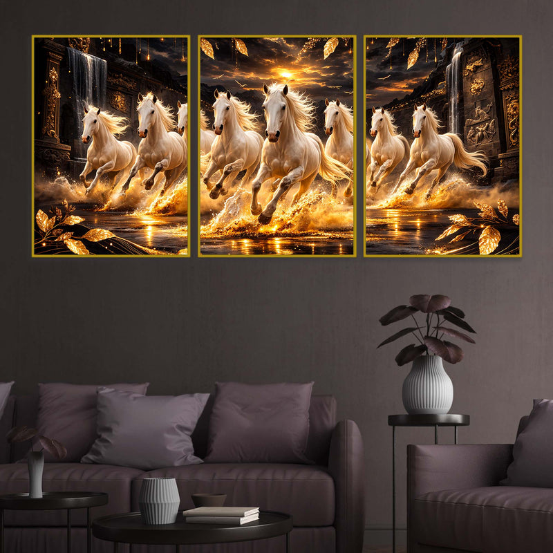 White Horses Running In Golden Splashing Water Floating Frame Crystal Wall Painting Set of 3