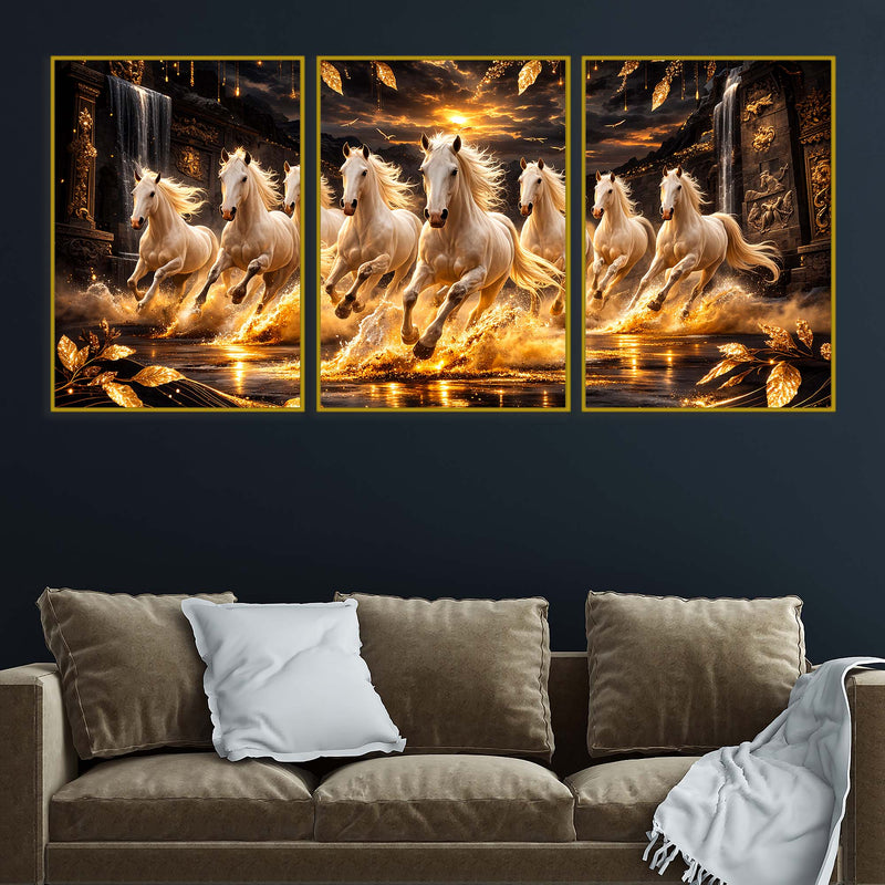 white-horses-running-in-golden-splashing-water-floating-frame-crystal-wall-painting-set-of-3