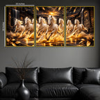 White Horses Running In Golden Splashing Water Floating Frame Crystal Wall Painting Set of 3