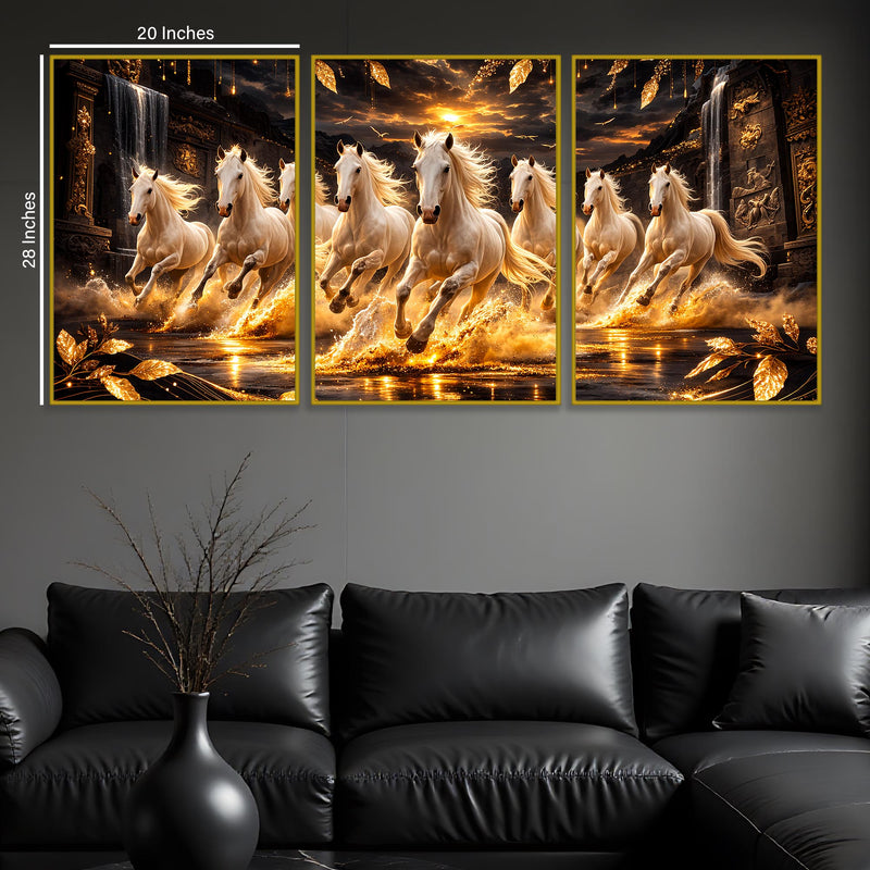 White Horses Running In Golden Splashing Water Floating Frame Crystal Wall Painting Set of 3