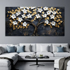 White Magnolia Tree with Golden Leaves 3D Canvas Wall Painting