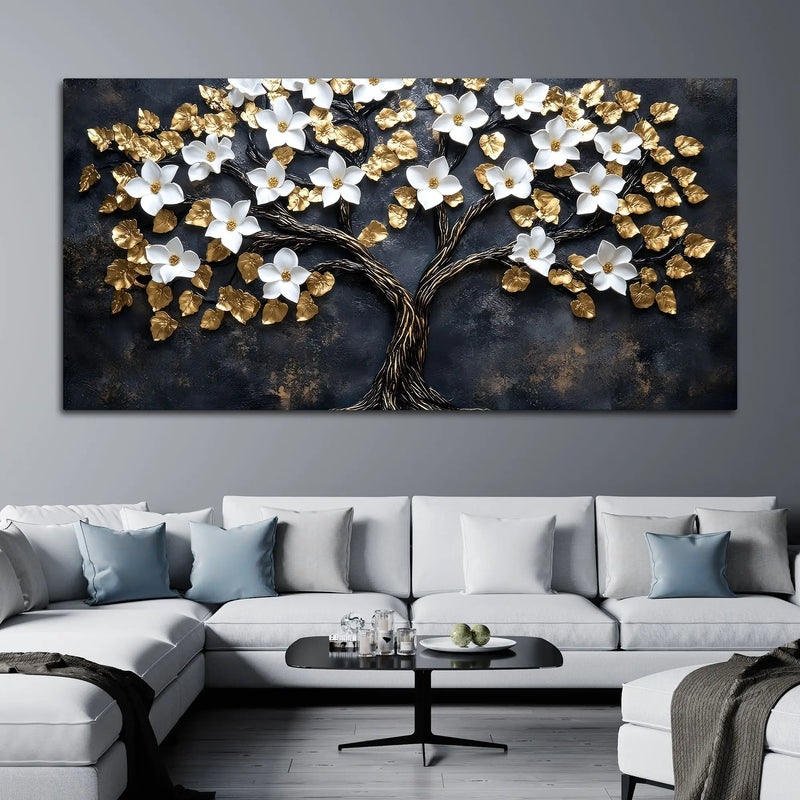White Magnolia Tree with Golden Leaves 3D Canvas Wall Painting