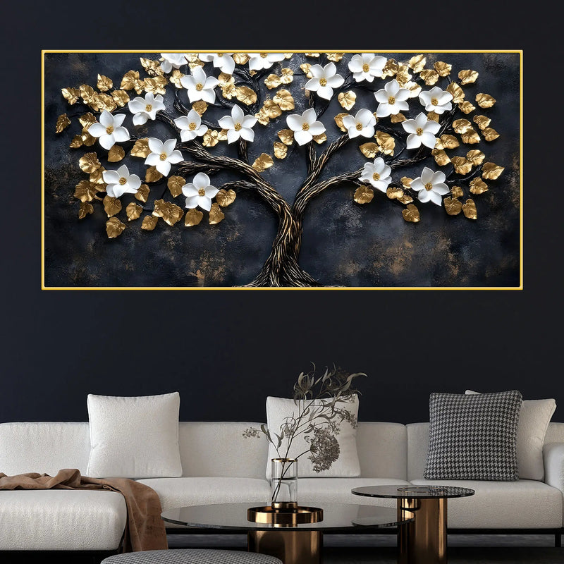 White Magnolia Tree with Golden Leaves 3D Canvas Wall Painting