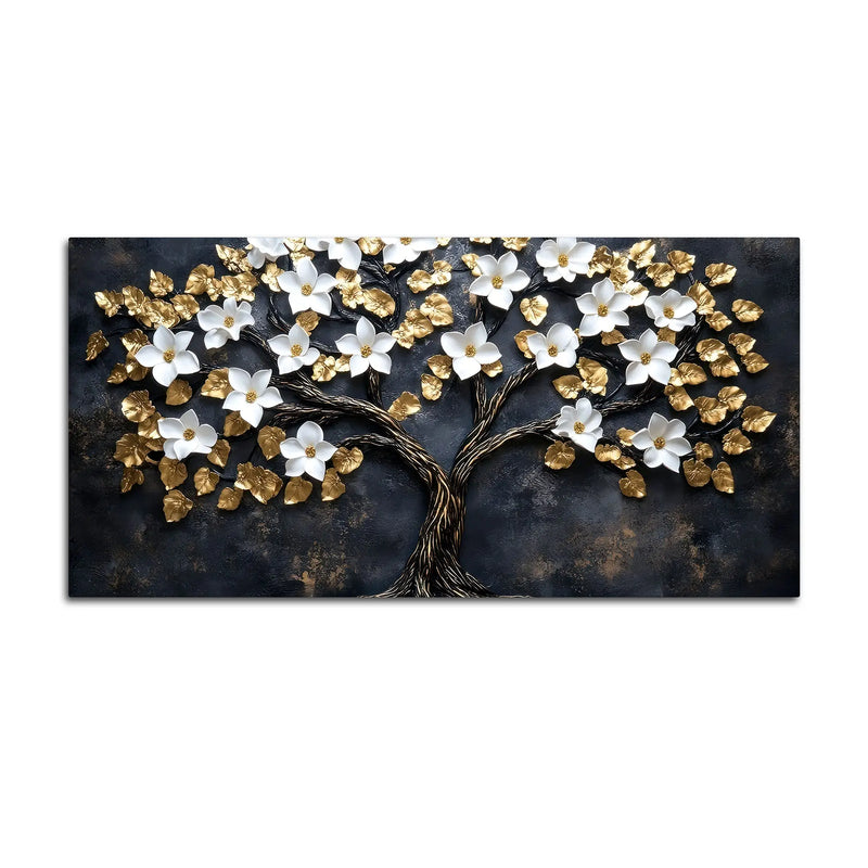 White Magnolia Tree with Golden Leaves 3D Canvas Wall Painting