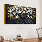 White Magnolia Tree with Golden Leaves 3D Canvas Wall Painting