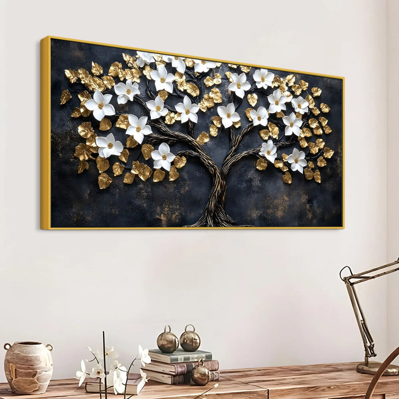 White Magnolia Tree with Golden Leaves 3D Canvas Wall Painting