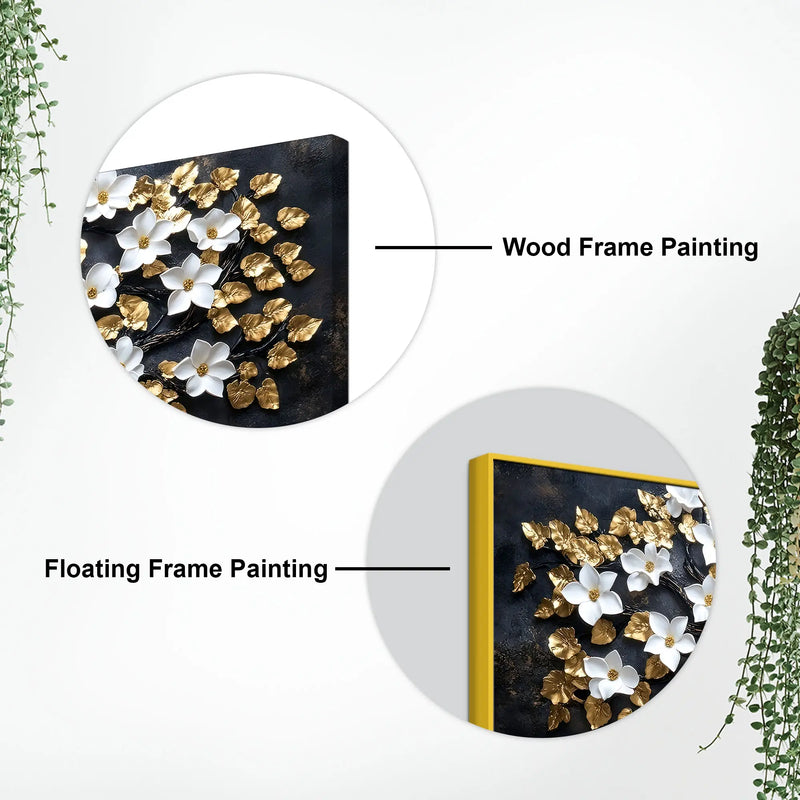 White Magnolia Tree with Golden Leaves 3D Canvas Wall Painting