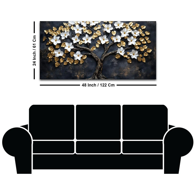 White Magnolia Tree with Golden Leaves 3D Canvas Wall Painting