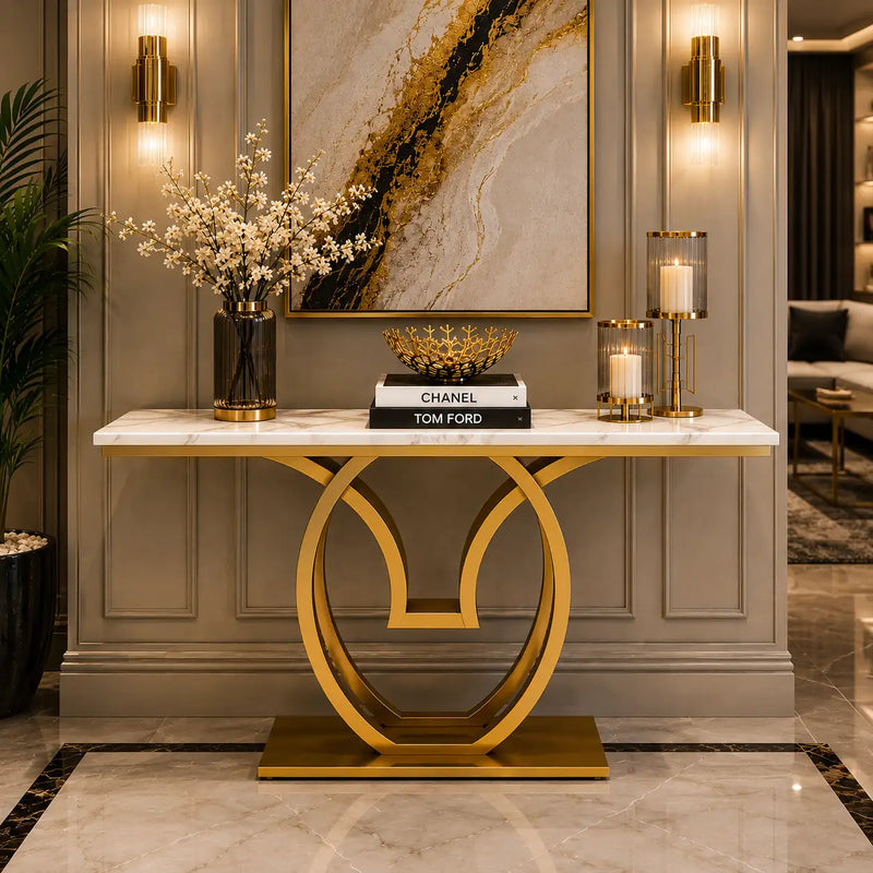 White Marble Console Table with Double Ring Gold Base