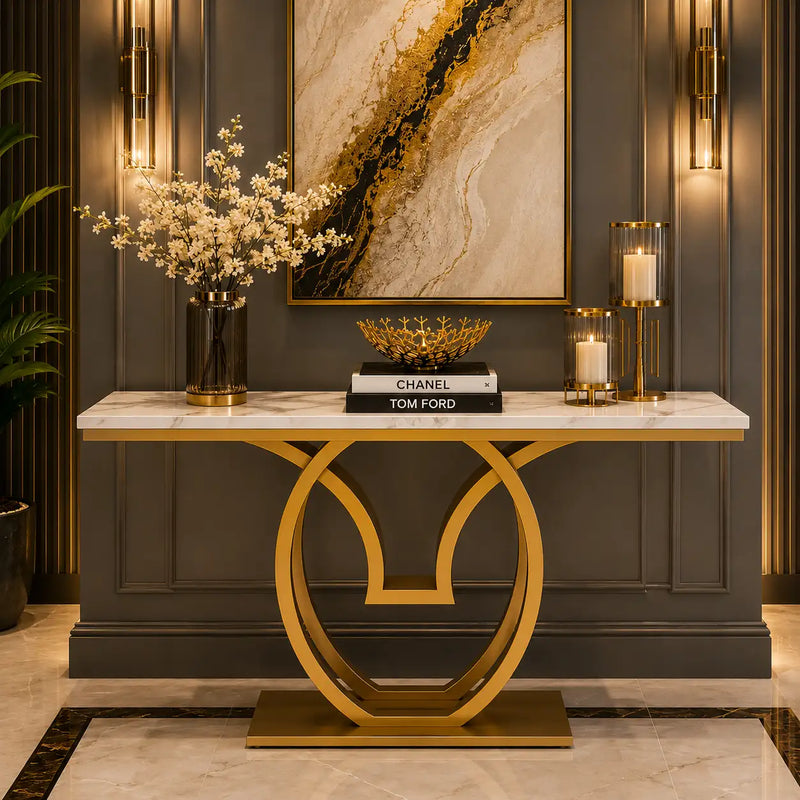 White Marble Console Table with Double Ring Gold Base